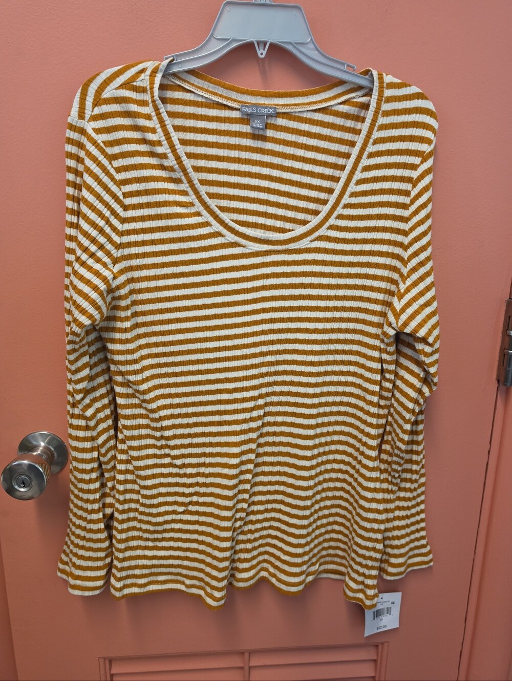 NWT Falls Creek Women's 2X Gold & White Striped Scoop Neck Long Sleeve Rib Tee